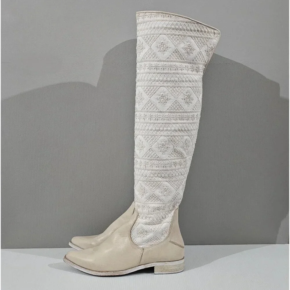 Free People Bren Knee High Boot Womens EU 37 Cream Embroidered Slouchy Boho